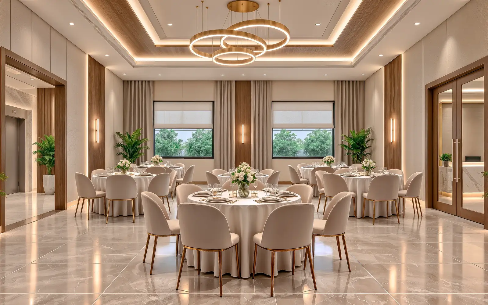 The banquet hall, laid for a dinner