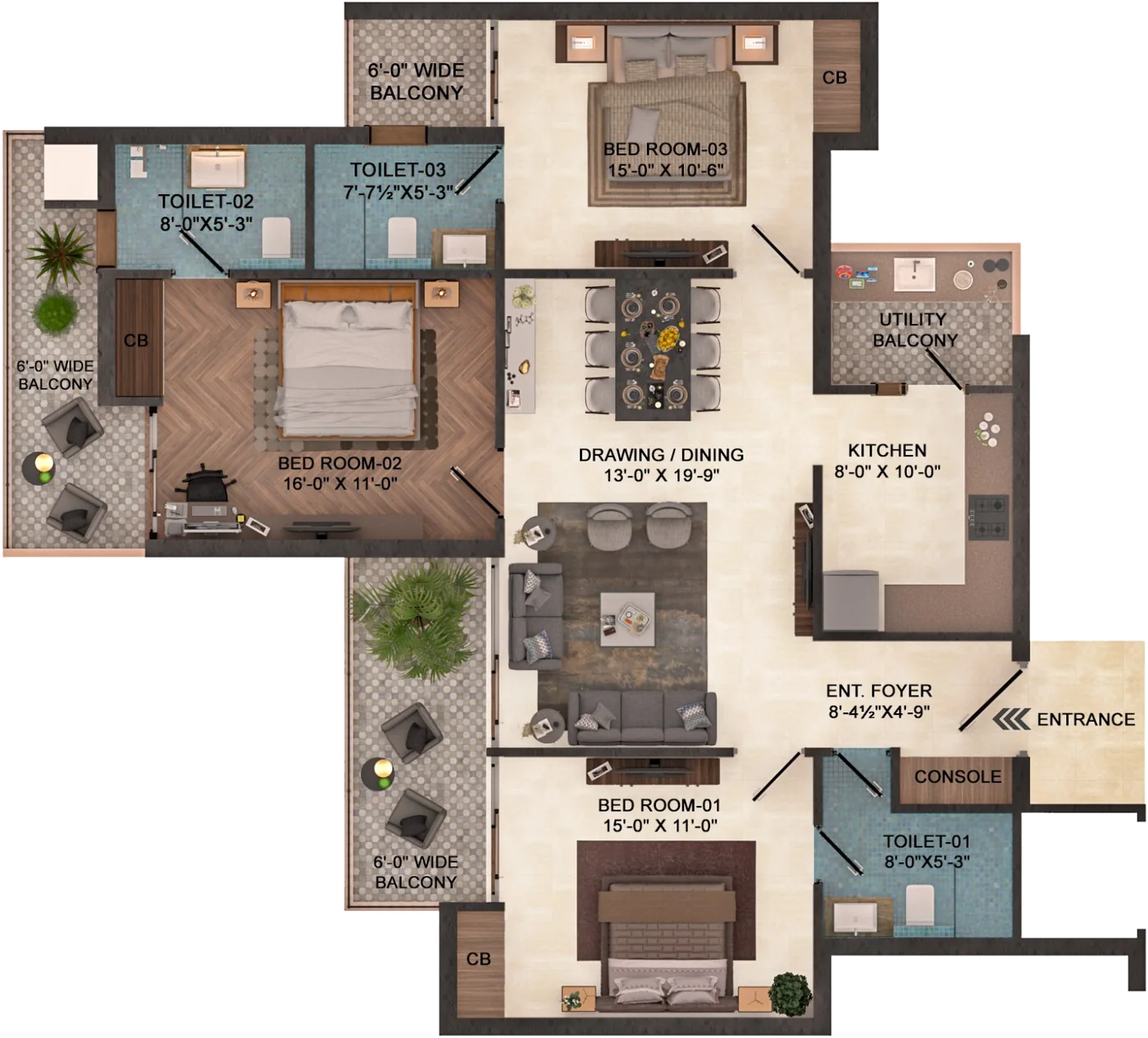 Floor plan of the 3 BHK
